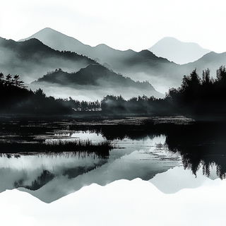 Scarpstory style, Midjourney V6.1: realistic landscape photograph of quiet dawn