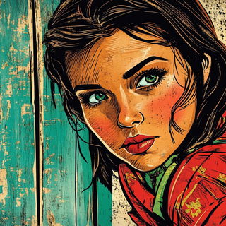 Tealstrike style, Midjourney V6.1: photographic portrait of female protagonist