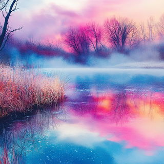 Inkframe Aviary style, Midjourney V6.1: realistic landscape photograph of quiet dawn
