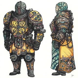Caleidoballet style, Midjourney V6.1: concept art character design of retropunk steam knight