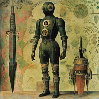 Violetide style, Midjourney V6.1: concept art character design of retropunk steam knight