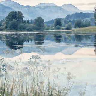 Herbarium Solis style, Midjourney V6.1: realistic landscape photograph of quiet dawn
