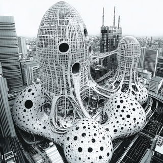Eagle Script style, Midjourney V6.1: megacity with futuristic bioarchitecture