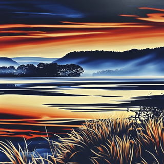 Arcbandoff style, Midjourney V6.1: realistic landscape photograph of quiet dawn