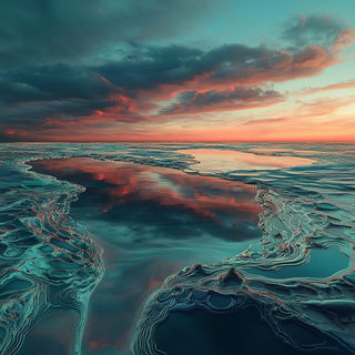 Pyromalachite style, Midjourney V6.1: realistic landscape photograph of quiet dawn