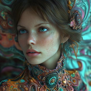Pyromalachite style, Midjourney V6.1: photographic portrait of female protagonist