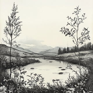 Pastelwood style, Midjourney V6.1: realistic landscape photograph of quiet dawn