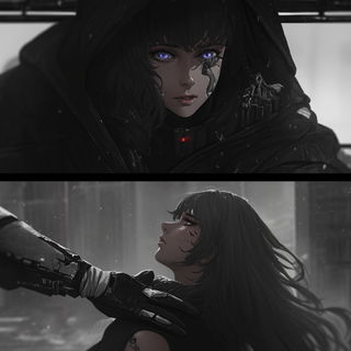 Moirenegative style, Midjourney V6.1: black-and-white manga comic strip