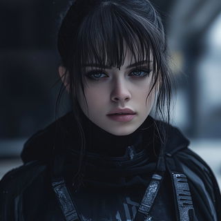 Moirenegative style, Midjourney V6.1: photographic portrait of female protagonist