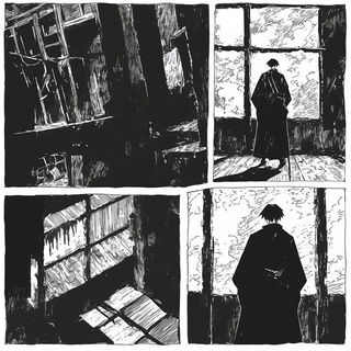 Opalstrata style, Midjourney V6.1: black-and-white manga comic strip