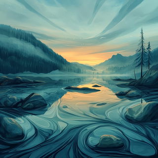 Rubederm style, Midjourney V6.1: realistic landscape photograph of quiet dawn