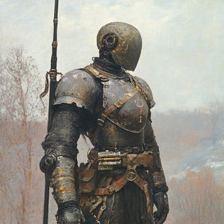Fossilized Pomegranate style, Midjourney V6.1: concept art character design of retropunk steam knight