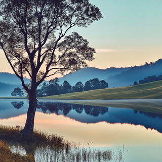 Cliffmarionette style, Midjourney V6.1: realistic landscape photograph of quiet dawn