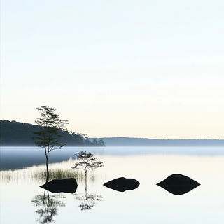 Tidecut Collage style, Midjourney V6.1: realistic landscape photograph of quiet dawn