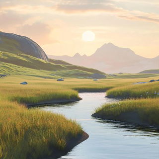 Mycelial Sunburst style, Midjourney V6.1: realistic landscape photograph of quiet dawn