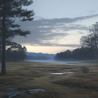 Ashroad Stations style, Midjourney V6.1: realistic landscape photograph of quiet dawn