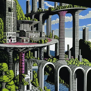 Neon Quench style, Midjourney V6.1: megacity with futuristic bioarchitecture