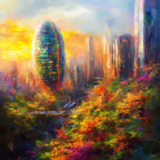 Paintspill Exposition style, Midjourney V6.1: megacity with futuristic bioarchitecture