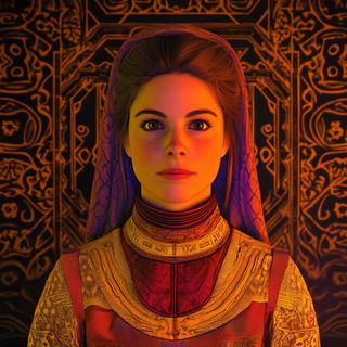Crimson Loom Chorus style, Midjourney V6.1: photographic portrait of female protagonist