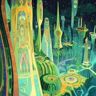 Aqualavure style, Midjourney V6.1: megacity with futuristic bioarchitecture