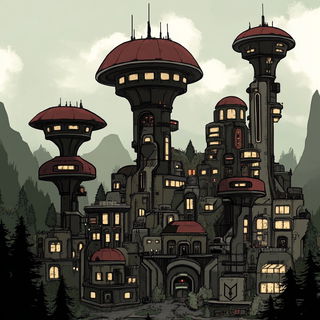 Woodcut Haberdashery style, Midjourney V6.1: megacity with futuristic bioarchitecture