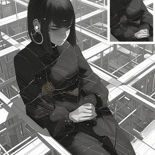 Estuary Maskworks style, Midjourney V6.1: black-and-white manga comic strip
