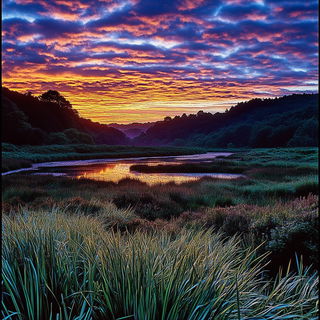 Kobold Stampede style, Midjourney V6.1: realistic landscape photograph of quiet dawn