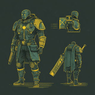 Qamar Ink Exchange style, Midjourney V6.1: concept art character design of retropunk steam knight