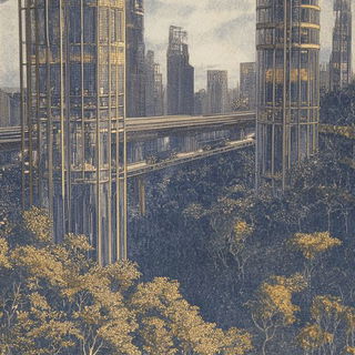 Prismwarp style, Midjourney V6.1: megacity with futuristic bioarchitecture
