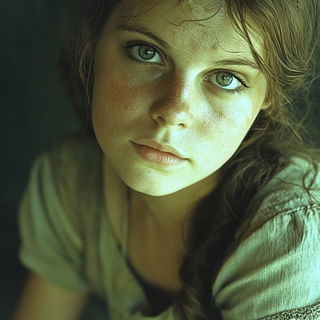 Tealambre style, Midjourney V6.1: photographic portrait of female protagonist