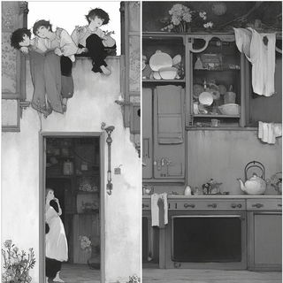 Pueblo Nimbus style, Midjourney V6.1: black-and-white manga comic strip