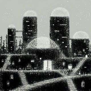 Sepia Marionette Overlays style, Midjourney V6.1: megacity with futuristic bioarchitecture