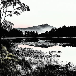 Ochreline Marbles style, Midjourney V6.1: realistic landscape photograph of quiet dawn