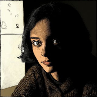 Hatchmonasticism style, Midjourney V6.1: photographic portrait of female protagonist