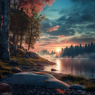 Triad Screenprint Collage style, Midjourney V6.1: realistic landscape photograph of quiet dawn