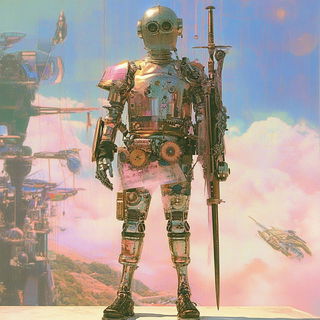 Safavid Chromabird style, Midjourney V6.1: concept art character design of retropunk steam knight