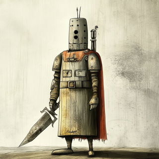 Poppeterrain style, Midjourney V6.1: concept art character design of retropunk steam knight