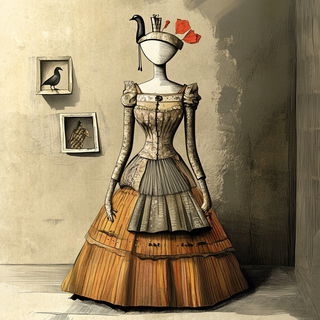 Poppeterrain style, Midjourney V6.1: haute-couture fashion outfit