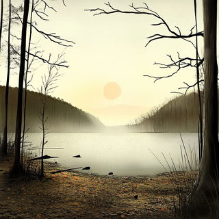 Poppeterrain style, Midjourney V6.1: realistic landscape photograph of quiet dawn