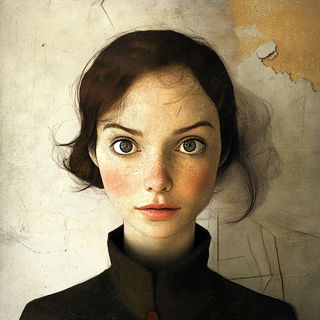 Poppeterrain style, Midjourney V6.1: photographic portrait of female protagonist