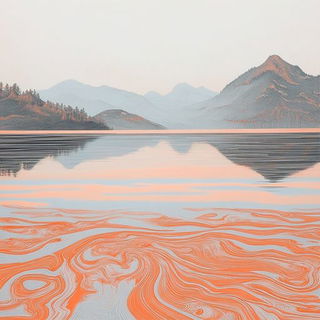 Patina Expeditionism style, Midjourney V6.1: realistic landscape photograph of quiet dawn