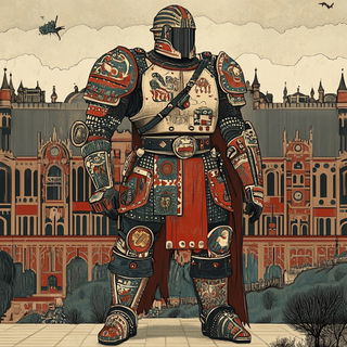 Mosaicore style, Midjourney V6.1: concept art character design of retropunk steam knight