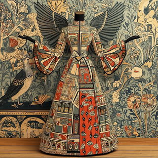 Mosaicore style, Midjourney V6.1: haute-couture fashion outfit