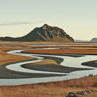 Mosaicore style, Midjourney V6.1: realistic landscape photograph of quiet dawn