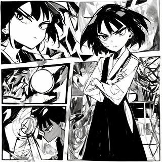 Scumbletide style, Midjourney V6.1: black-and-white manga comic strip