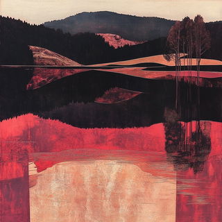 Posterbinding style, Midjourney V6.1: realistic landscape photograph of quiet dawn