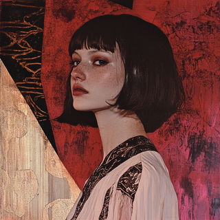Posterbinding style, Midjourney V6.1: photographic portrait of female protagonist