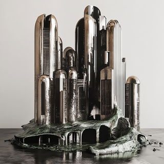 Kiku Linecut style, Midjourney V6.1: megacity with futuristic bioarchitecture