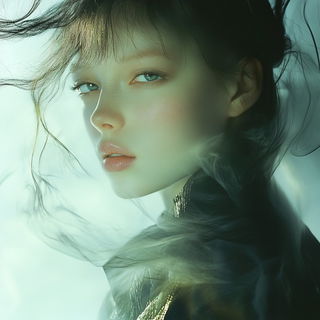 Bluegreen Erosion style, Midjourney V6.1: photographic portrait of female protagonist