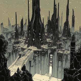 Heliopause Ribbonwork style, Midjourney V6.1: megacity with futuristic bioarchitecture